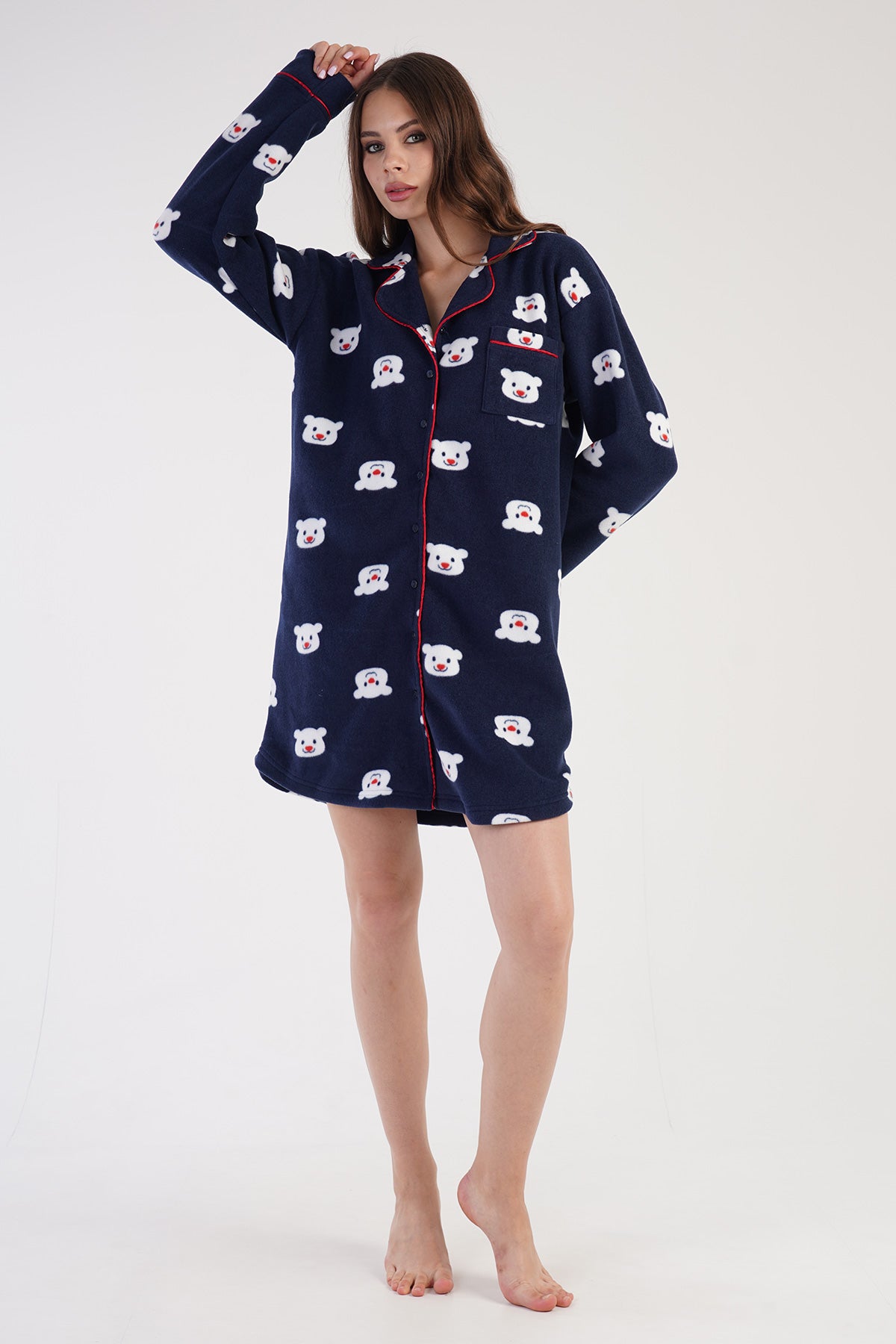 KADIN POLAR TAMAMI DUGMELI UZUN KOL ETEGI OVAL GOMLEK TUNIK