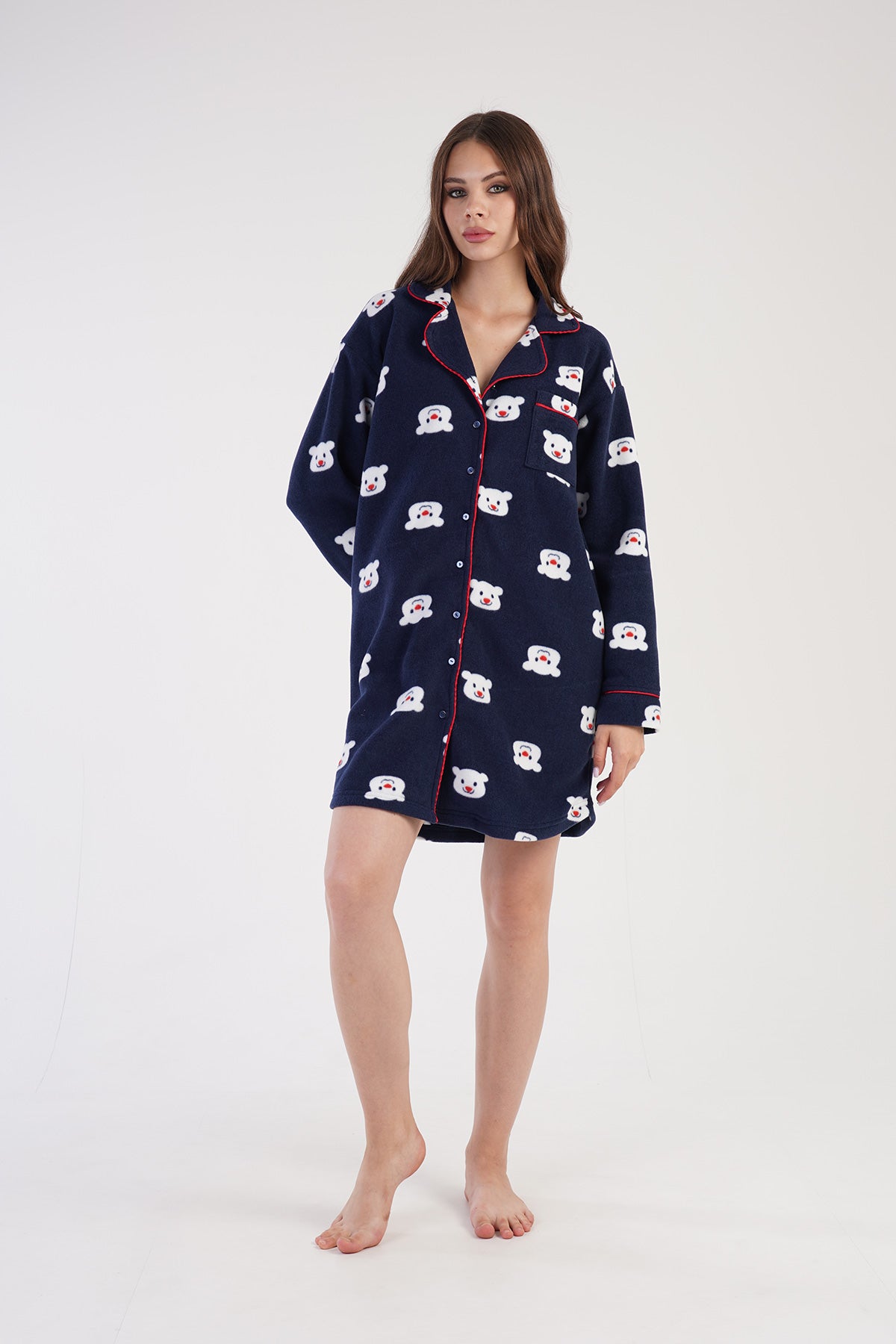 KADIN POLAR TAMAMI DUGMELI UZUN KOL ETEGI OVAL GOMLEK TUNIK