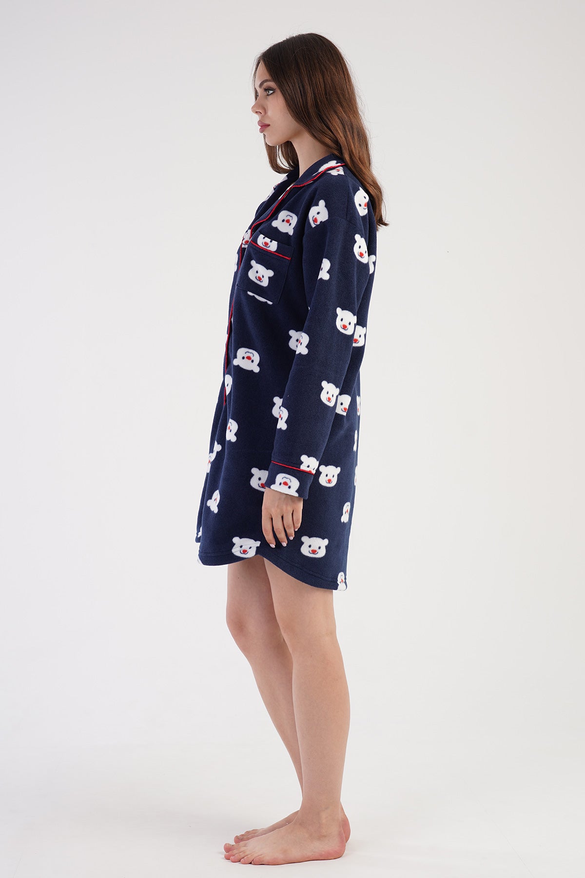 KADIN POLAR TAMAMI DUGMELI UZUN KOL ETEGI OVAL GOMLEK TUNIK