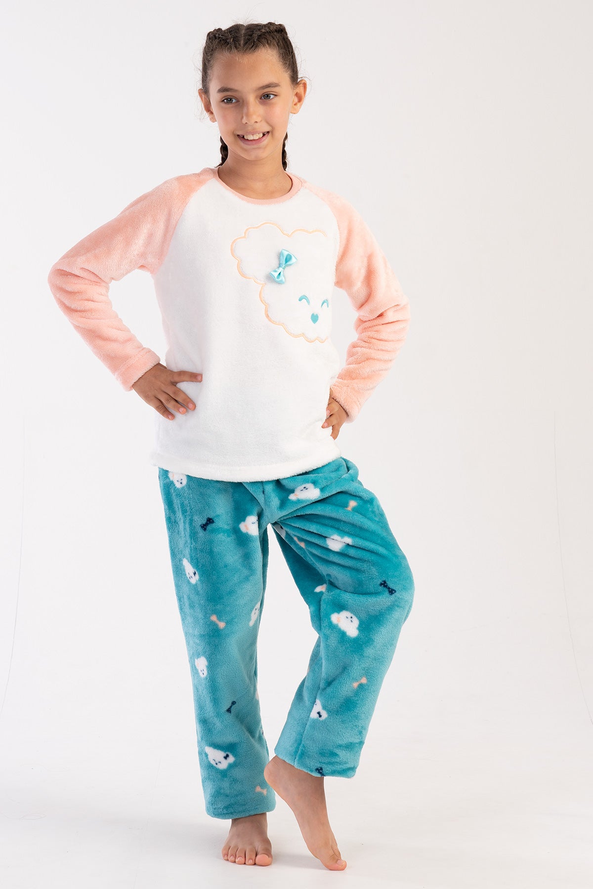 KIZ COCUK SOFT O YAKA REGLAN UZUN KOL ETEGI OVAL PIJAMA TAKIM( 7-8/13-14) - SOFT PINK