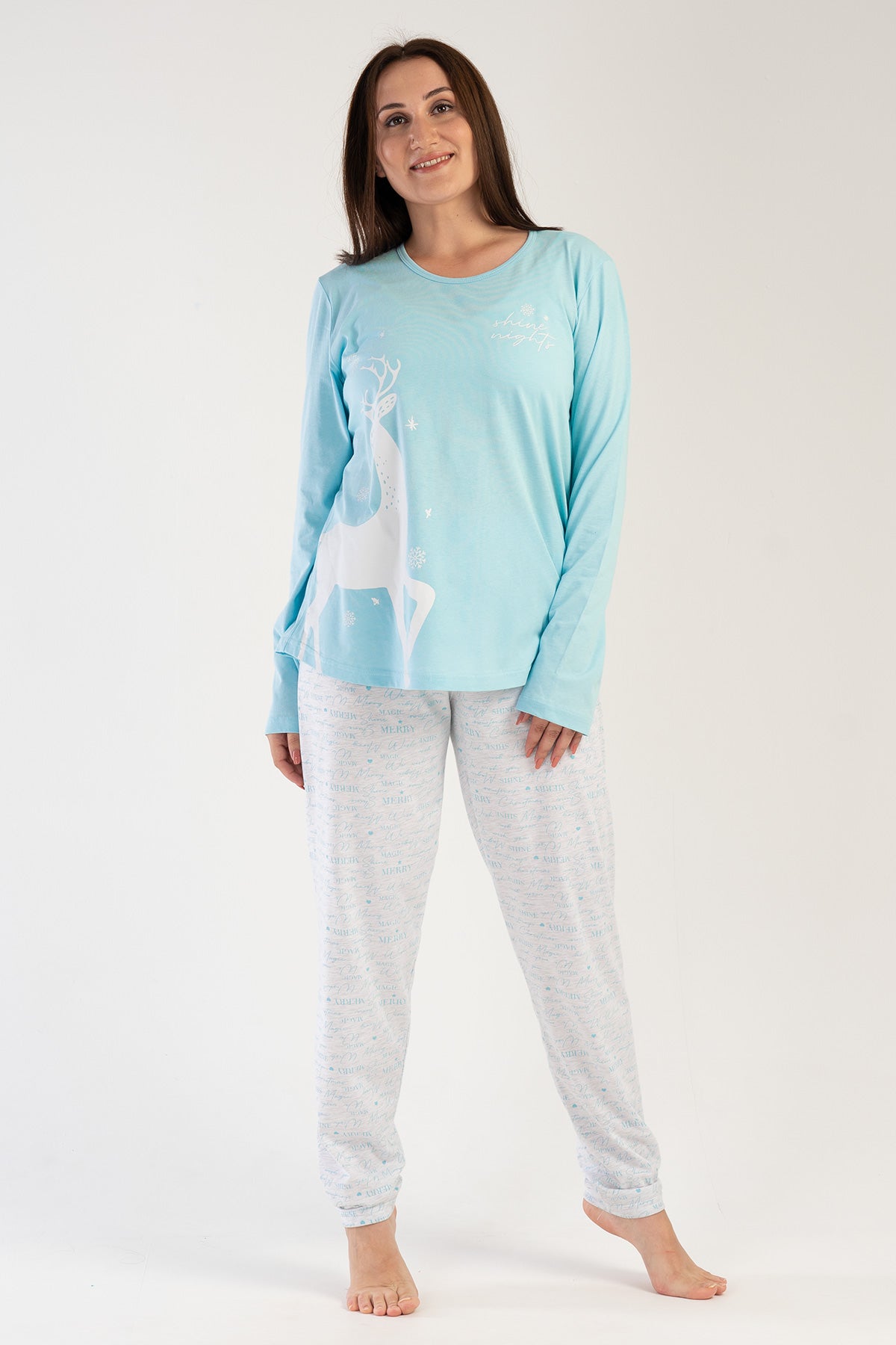 KADIN P.SUPREM XXL O YAKA UZUN KOL ETEGI OVAL PIJAMA TAKIM - MAVI