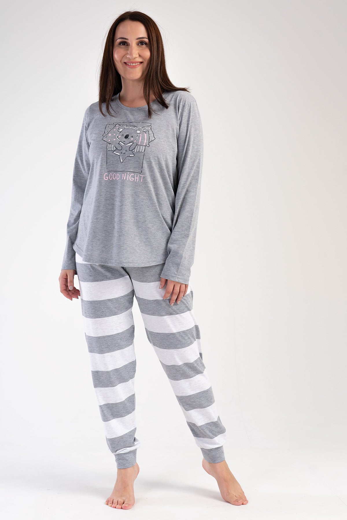 KADIN P.SUPREM XXL O YAKA UZUN KOL ETEGI OVAL MANSETLI PIJAMA TAKIM - GRAY MELANGE
