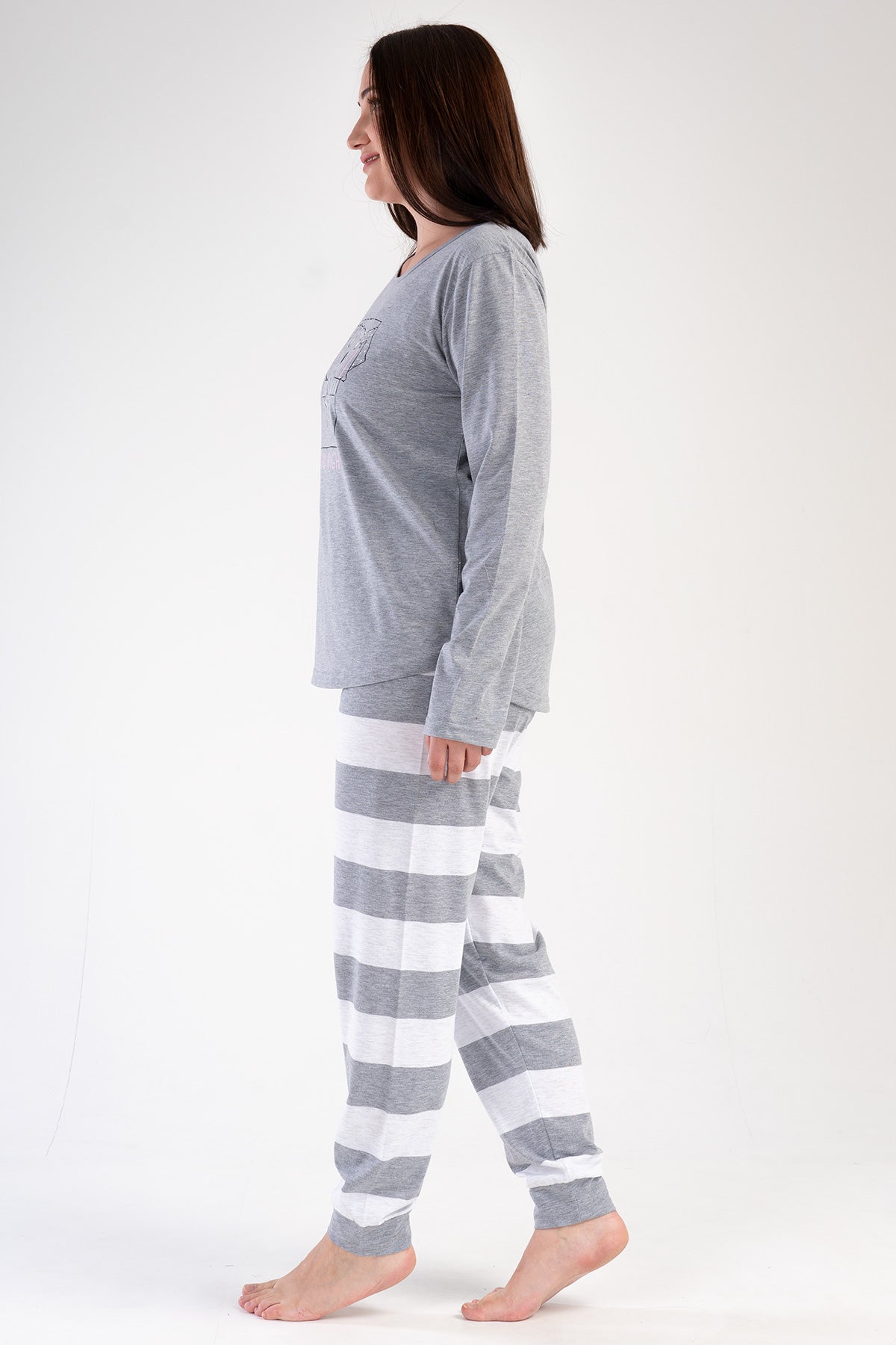 KADIN P.SUPREM XXL O YAKA UZUN KOL ETEGI OVAL MANSETLI PIJAMA TAKIM - GRAY MELANGE