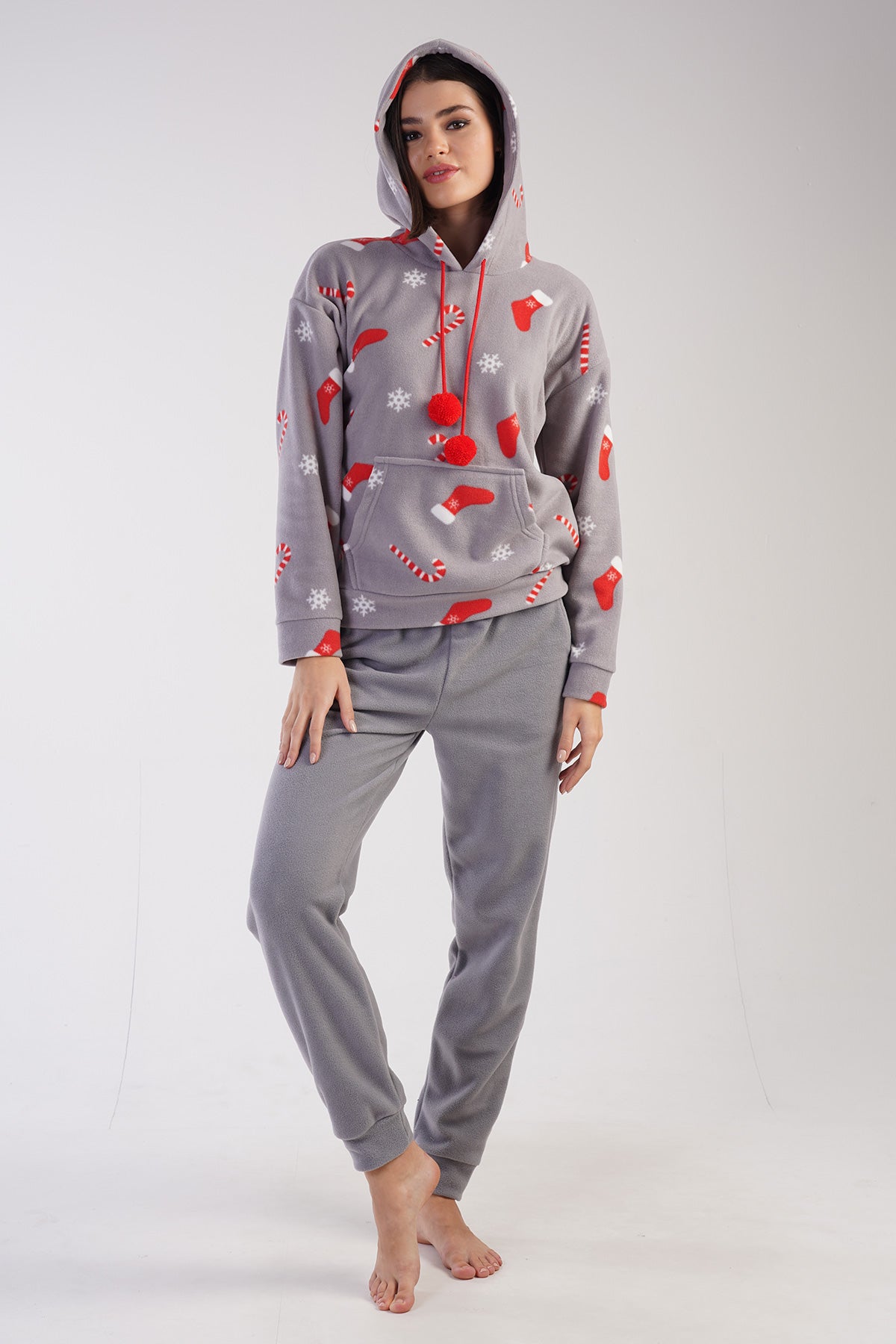 KADIN POLAR KAPSONLU DUSUK OMUZLU KANGURU CEPLI MANSETLI CEPLI PIJAMA TAKIM