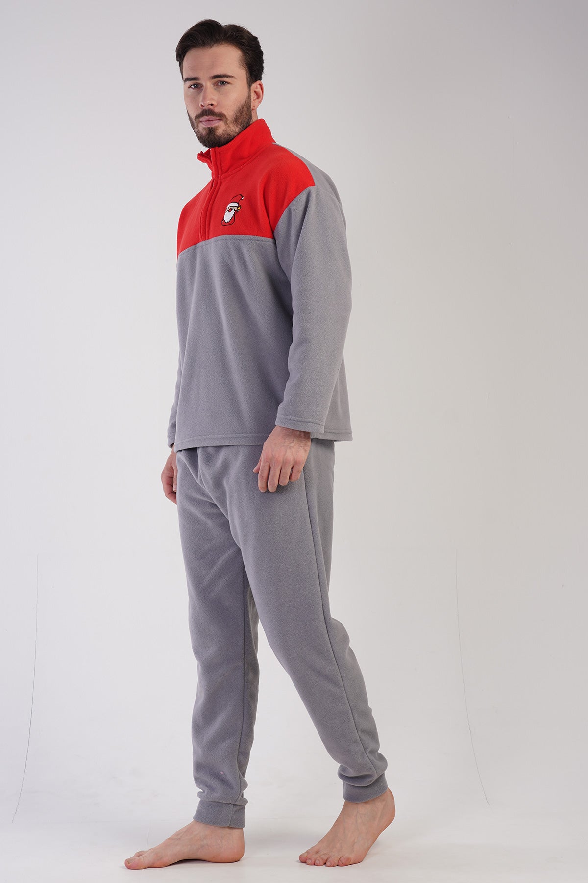CEPLI ERKEK POLAR YAKALI DUSUK OMUZLU UZUN KOL FERMUARLI MANSETLI CEPLI PIJAMA TAKIM - GRI