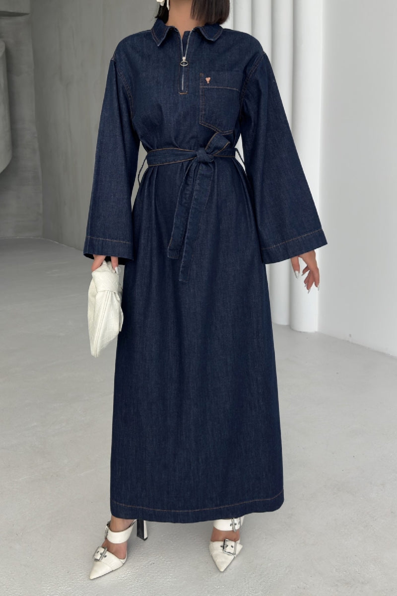 Kuşaklı Uzun Kot Elbise - Slaplı Lacivert - (S+L+3) - 2