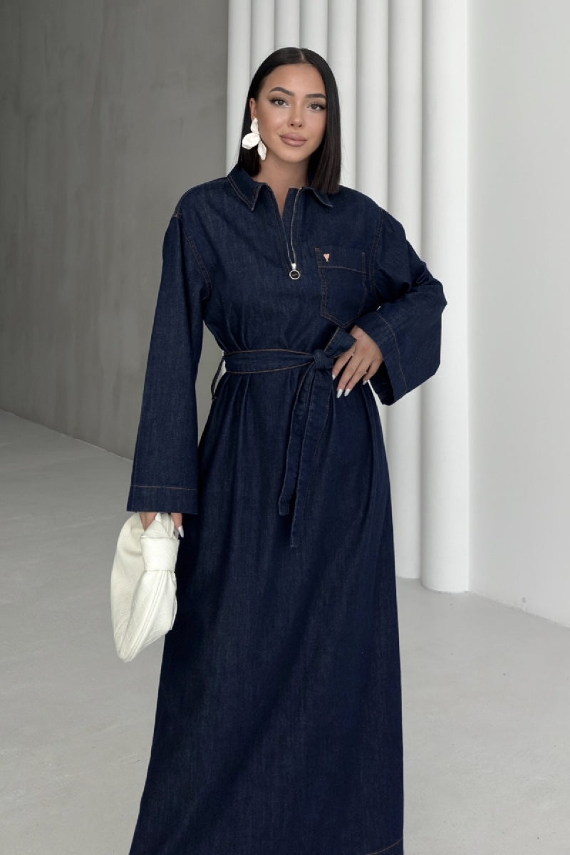 Kuşaklı Uzun Kot Elbise - Slaplı Lacivert - (S+L+3) - 3