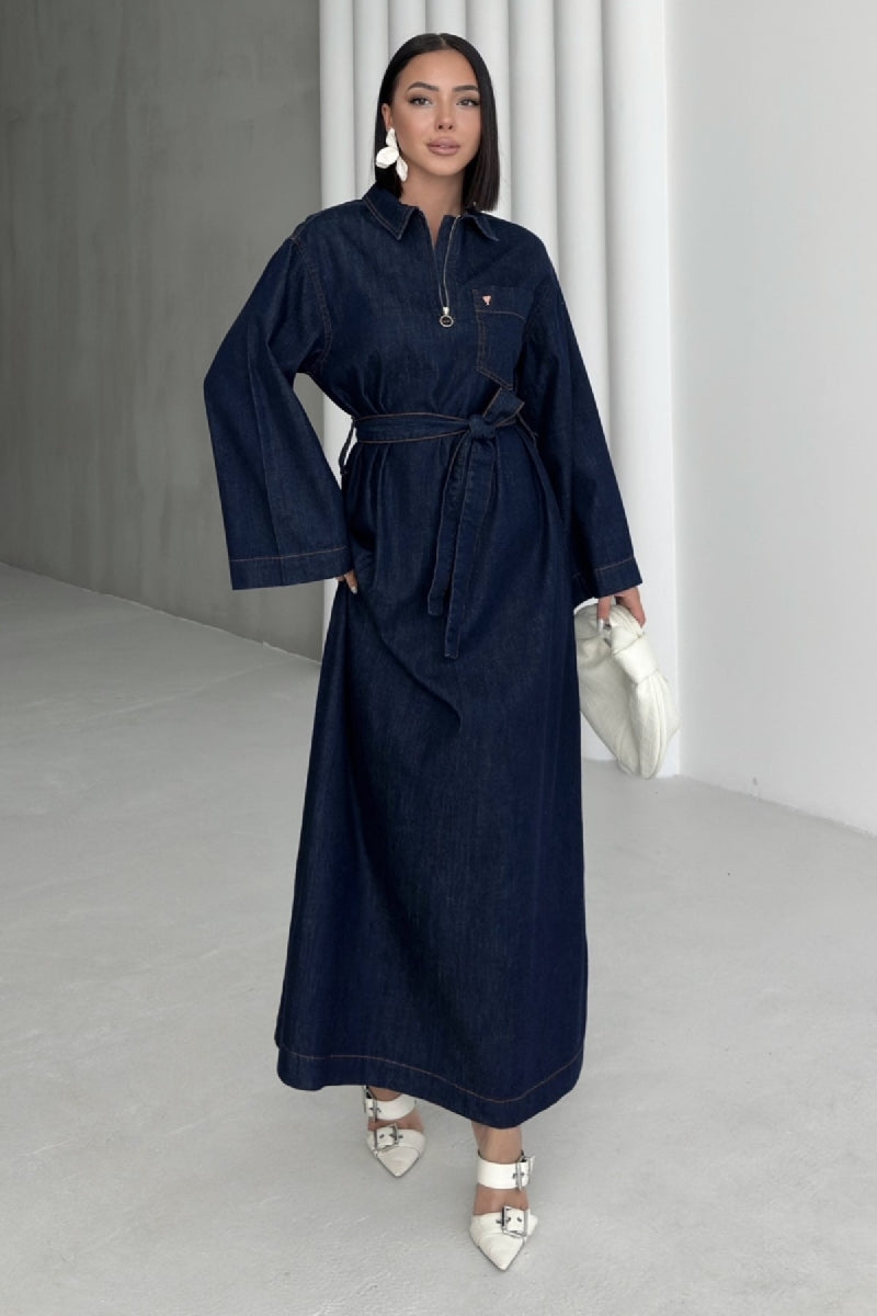 Kuşaklı Uzun Kot Elbise - Slaplı Lacivert - (S+L+3) - 4