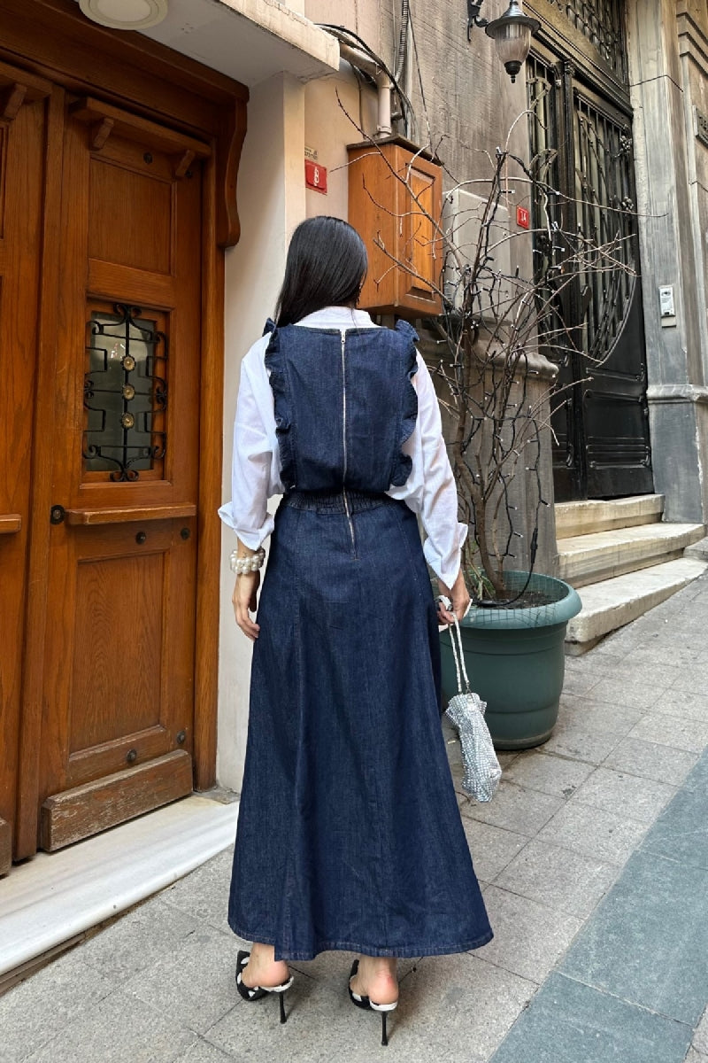 Omuzu Volanlı Fermuarlı Kot Elbise - Slaplı Lacivert - (S-XL) - 3