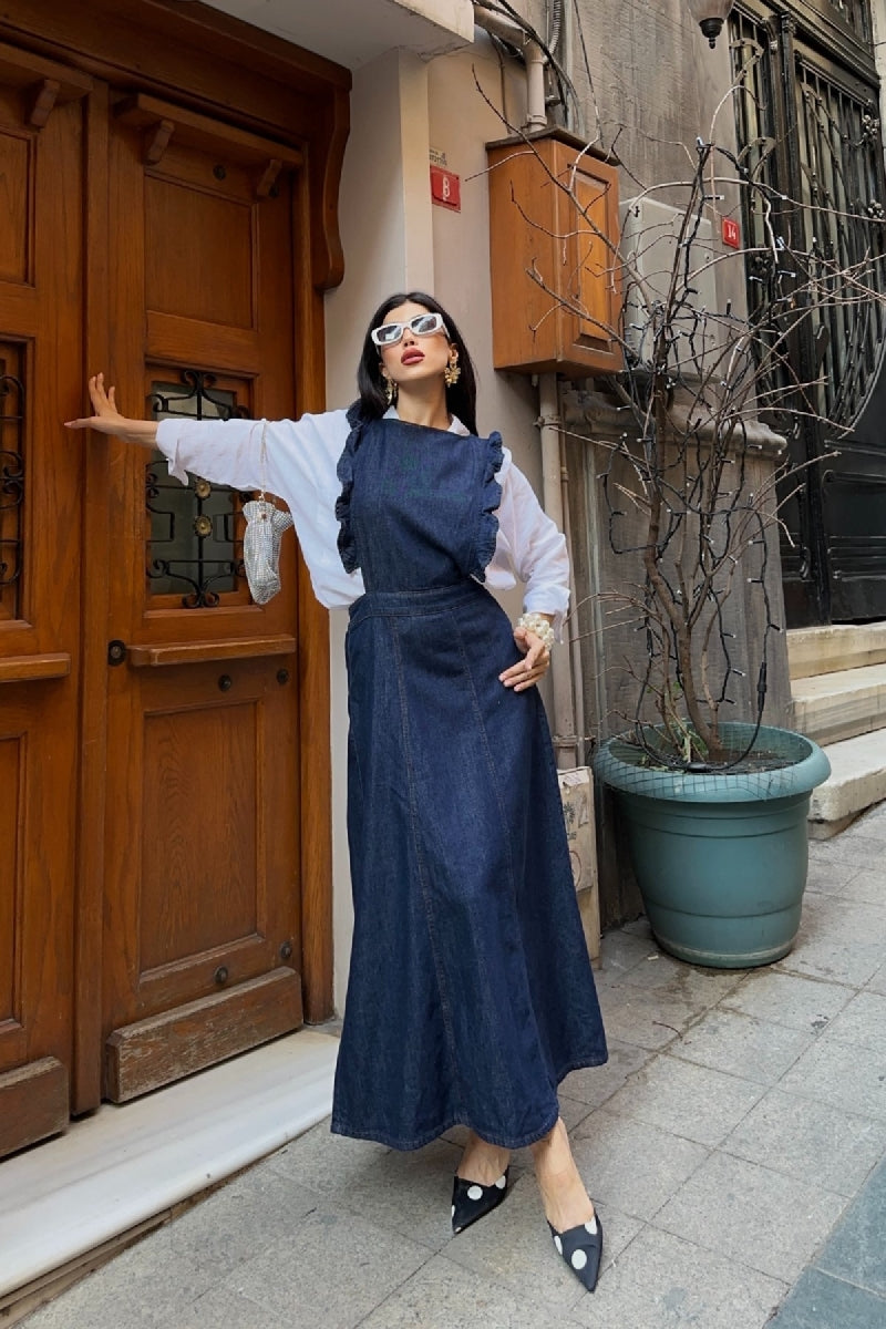 Omuzu Volanlı Fermuarlı Kot Elbise - Slaplı Lacivert - (S-XL) - 4