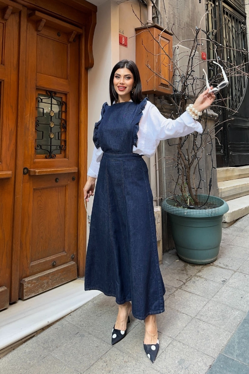 Omuzu Volanlı Fermuarlı Kot Elbise - Slaplı Lacivert - (S-XL) - 5