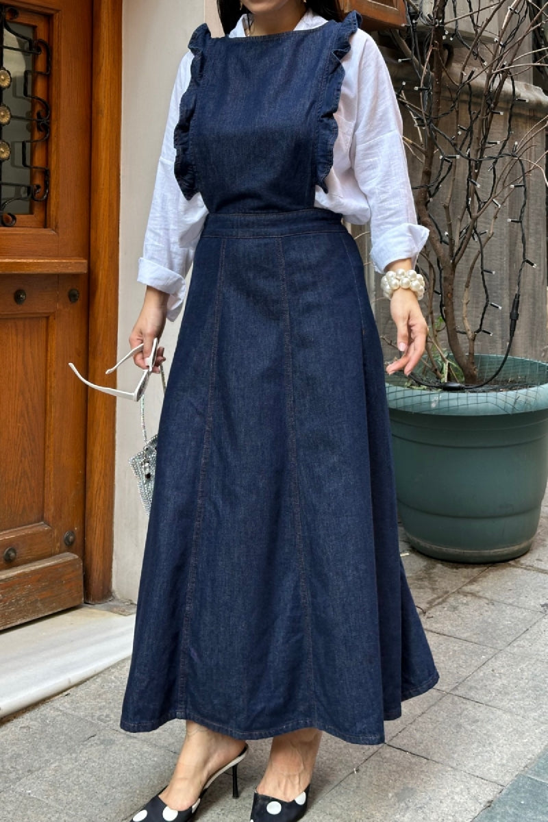 Omuzu Volanlı Fermuarlı Kot Elbise - Slaplı Lacivert - (S-XL) - 6