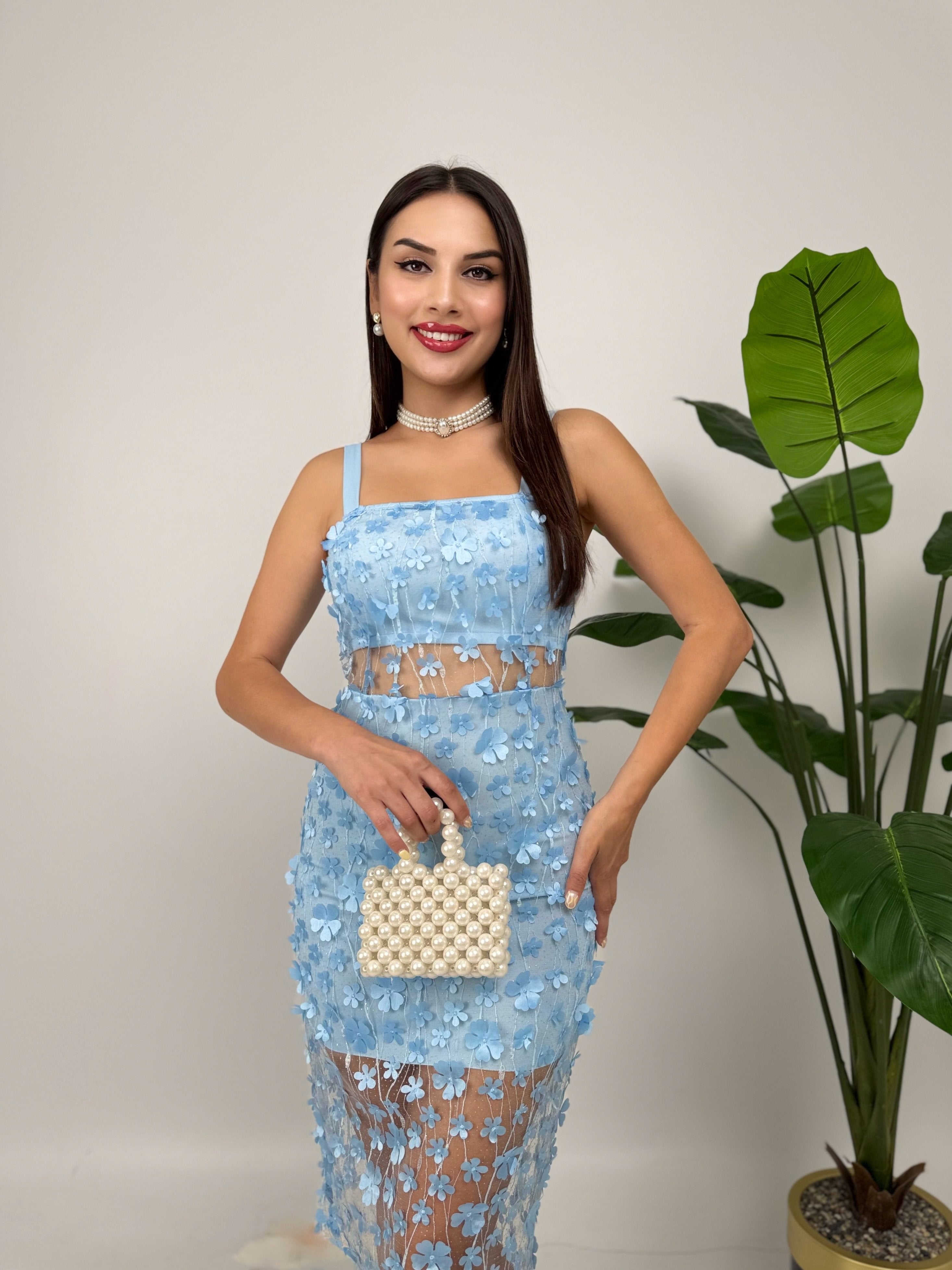 3037 ÇİÇEKLİ TÜL  ELBİSE