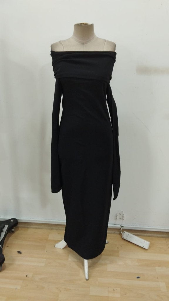 Women's Madonna Neck Long Slit Sleeve Detail Long Imported Crepe Dress, 31799