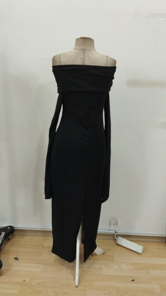 Women's Madonna Neck Long Slit Sleeve Detail Long Imported Crepe Dress, 31799
