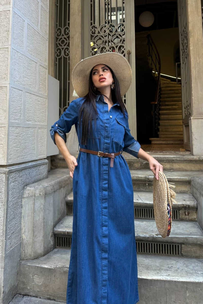 Düğmeli Uzun Elbise - Düz Koyu Rins - (S-XL) - 2