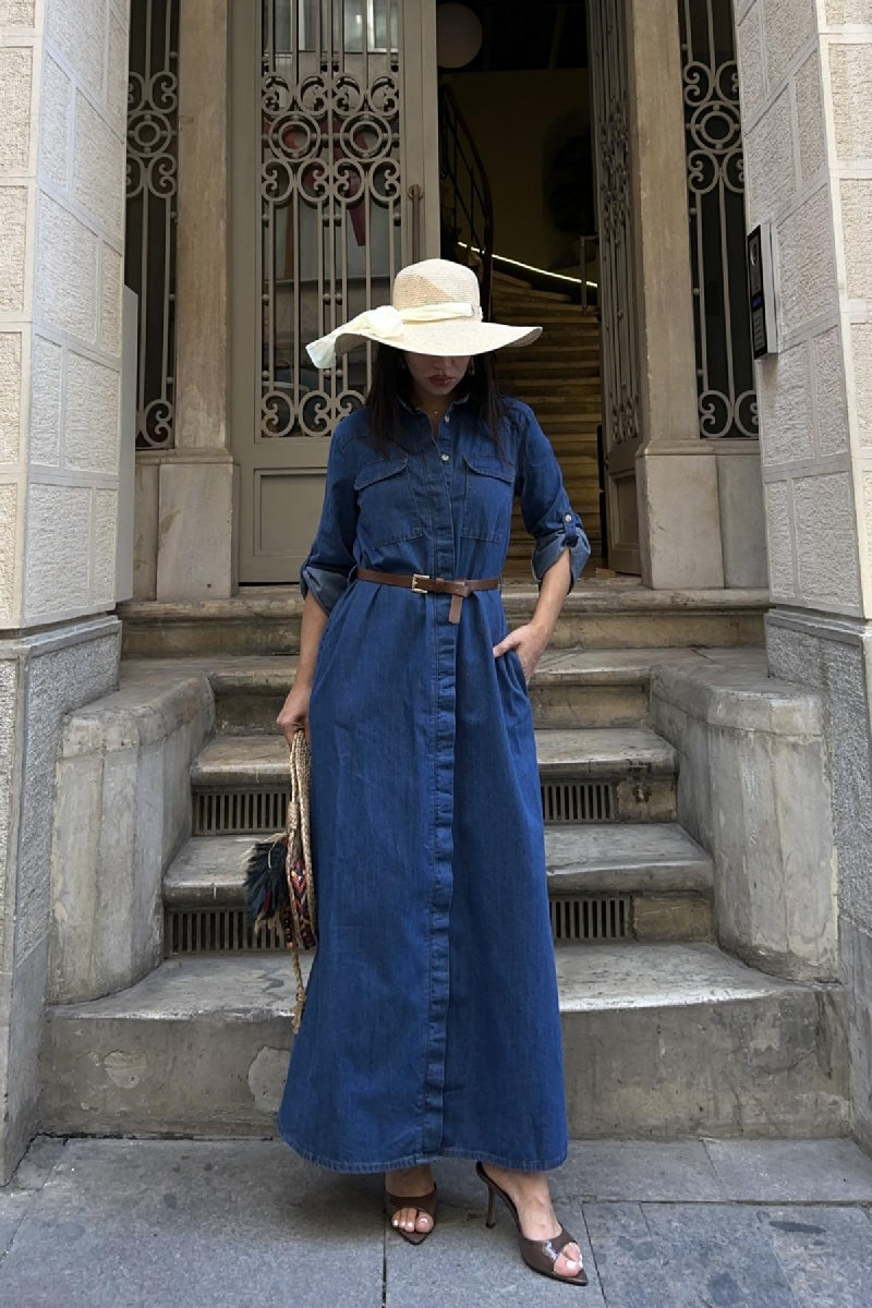 Düğmeli Uzun Elbise - Düz Koyu Rins - (S-XL) - 3