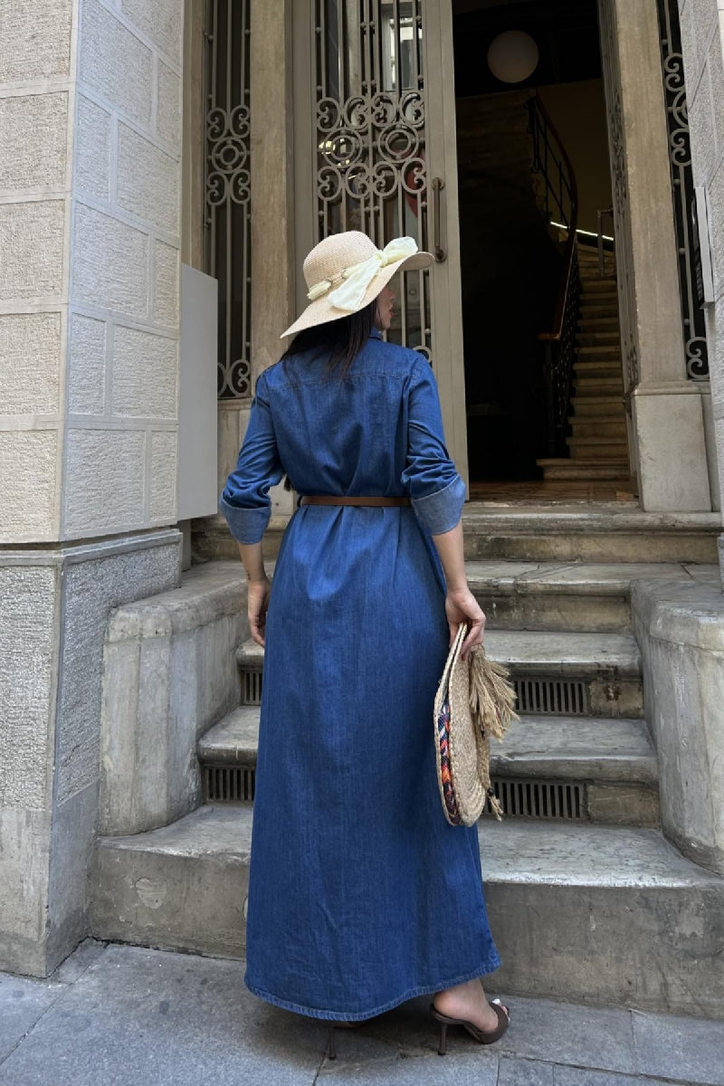 Düğmeli Uzun Elbise - Düz Koyu Rins - (S-XL) - 4