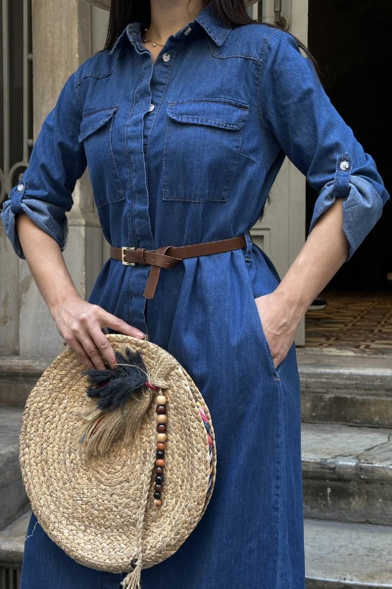 Düğmeli Uzun Elbise - Düz Koyu Rins - (S-XL) - 6