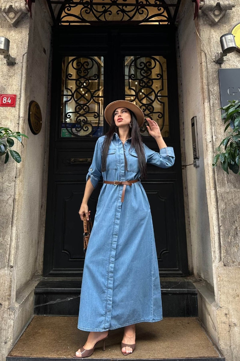 Düğmeli Uzun Elbise - Düz Orta Mavi Rins - (S-XL) - 2