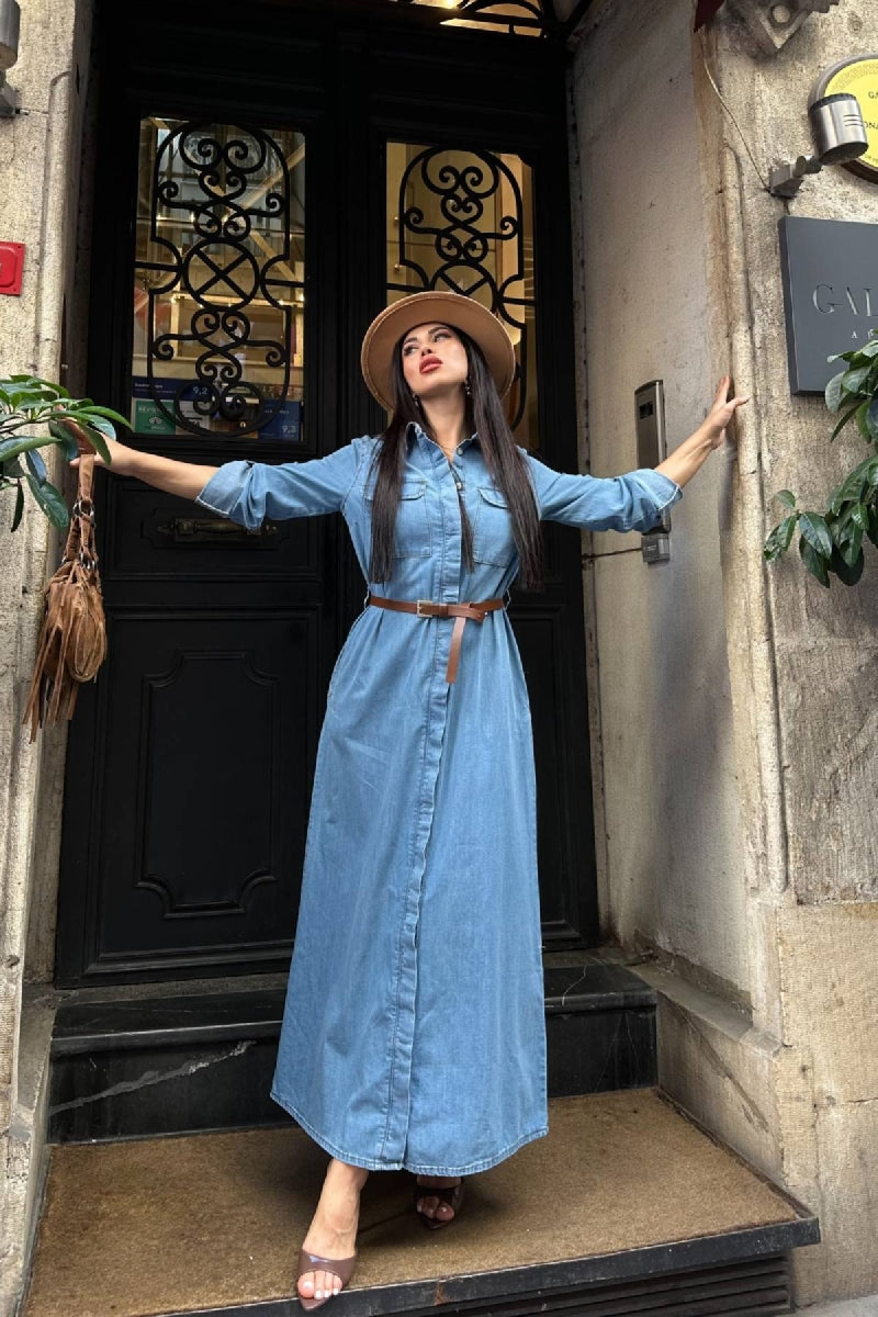Düğmeli Uzun Elbise - Düz Orta Mavi Rins - (S-XL) - 3