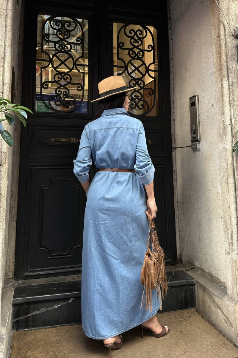 Düğmeli Uzun Elbise - Düz Orta Mavi Rins - (S-XL) - 4