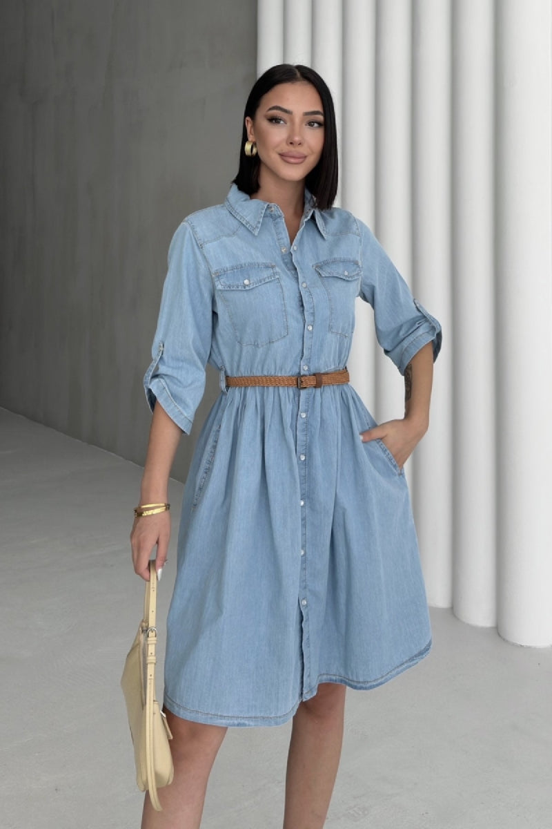 Büzgü Detaylı Kısa Kot Elbise - Açık Mavi Kot - (S-XL) - 3