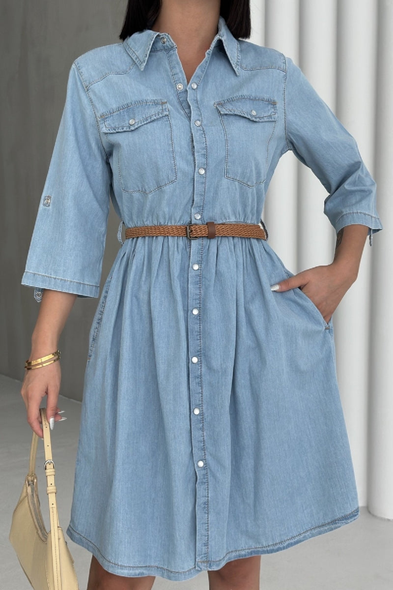 Büzgü Detaylı Kısa Kot Elbise - Açık Mavi Kot - (S-XL) - 4