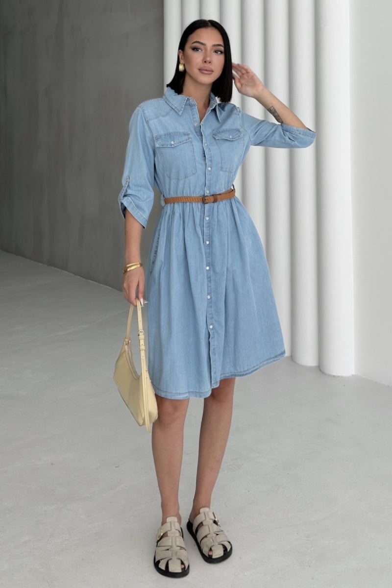 Büzgü Detaylı Kısa Kot Elbise - Açık Mavi Kot - (S-XL) - 6