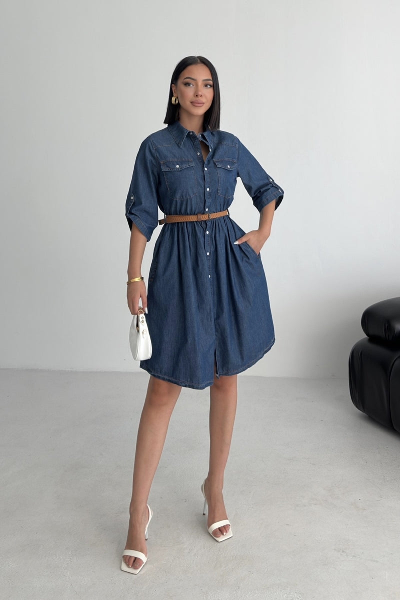 Büzgü Detaylı Kısa Kot Elbise - Düz Koyu Rins - (S-XL) - 3