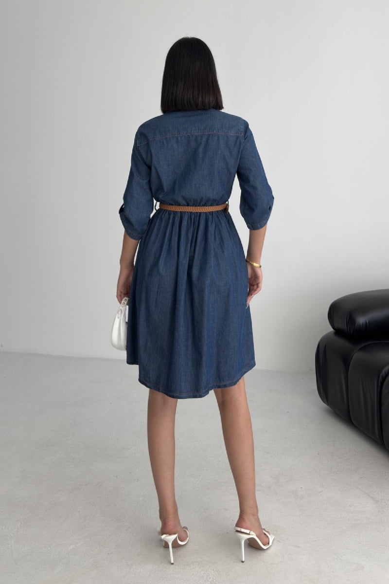 Büzgü Detaylı Kısa Kot Elbise - Düz Koyu Rins - (S-XL) - 4