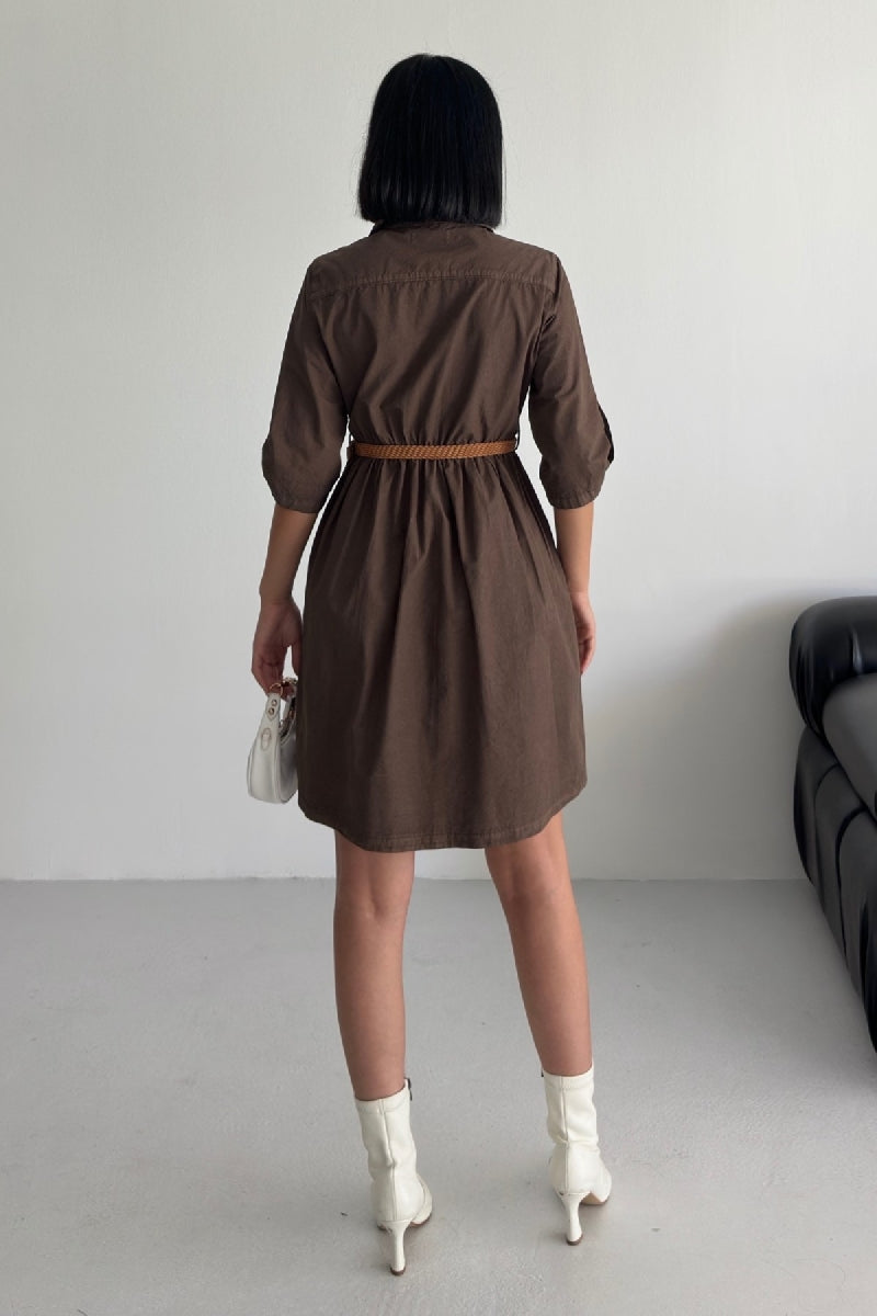 Büzgü Detaylı Kısa Kot Elbise - Kahverengi - (S-XL) - 2