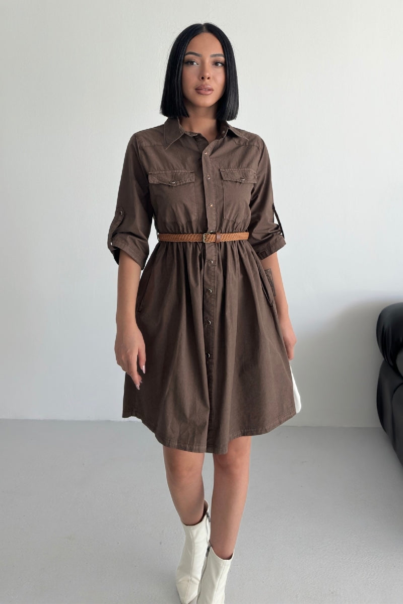 Büzgü Detaylı Kısa Kot Elbise - Kahverengi - (S-XL) - 3