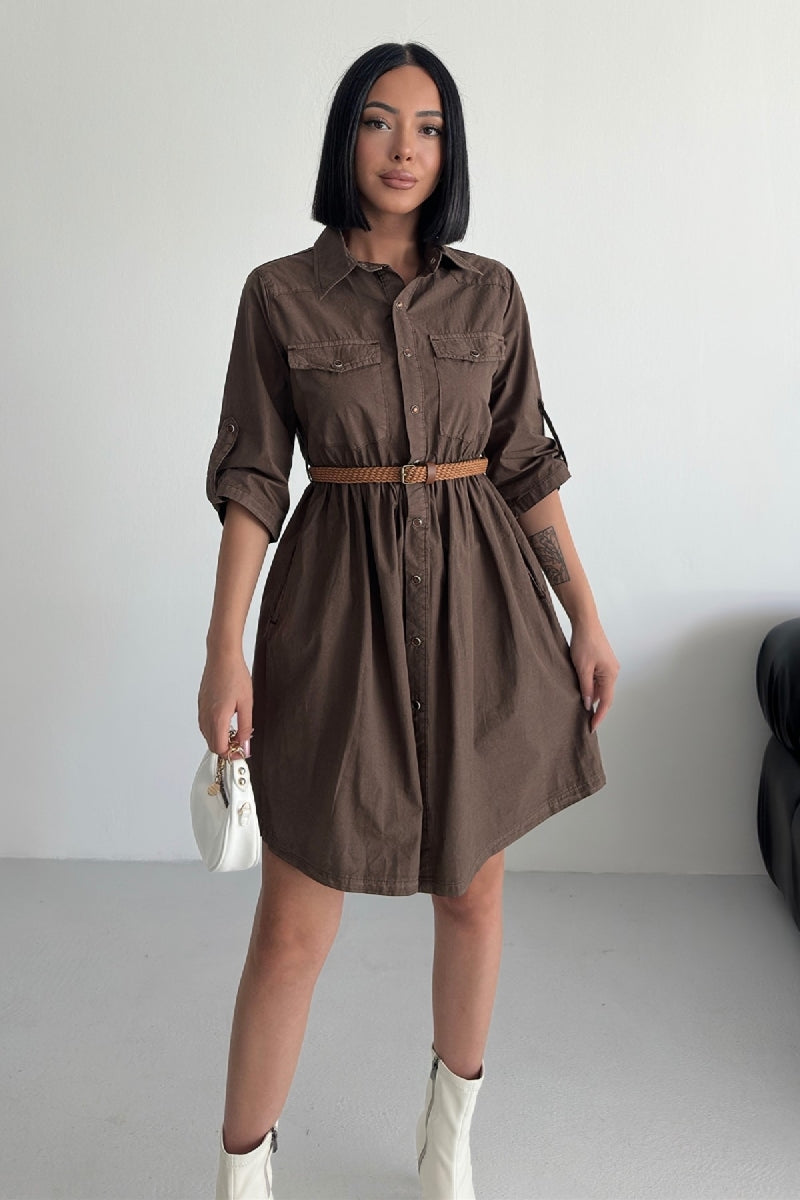 Büzgü Detaylı Kısa Kot Elbise - Kahverengi - (S-XL) - 5