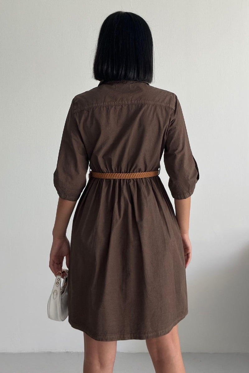 Büzgü Detaylı Kısa Kot Elbise - Kahverengi - (S-XL) - 6