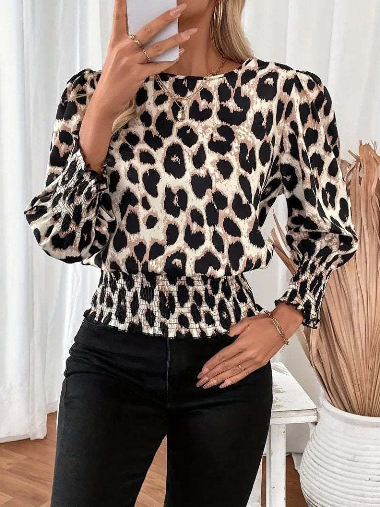 Kadın Uzun Kollu Bisiklet Yaka Leopar Desenli Modal Bluz, 30401