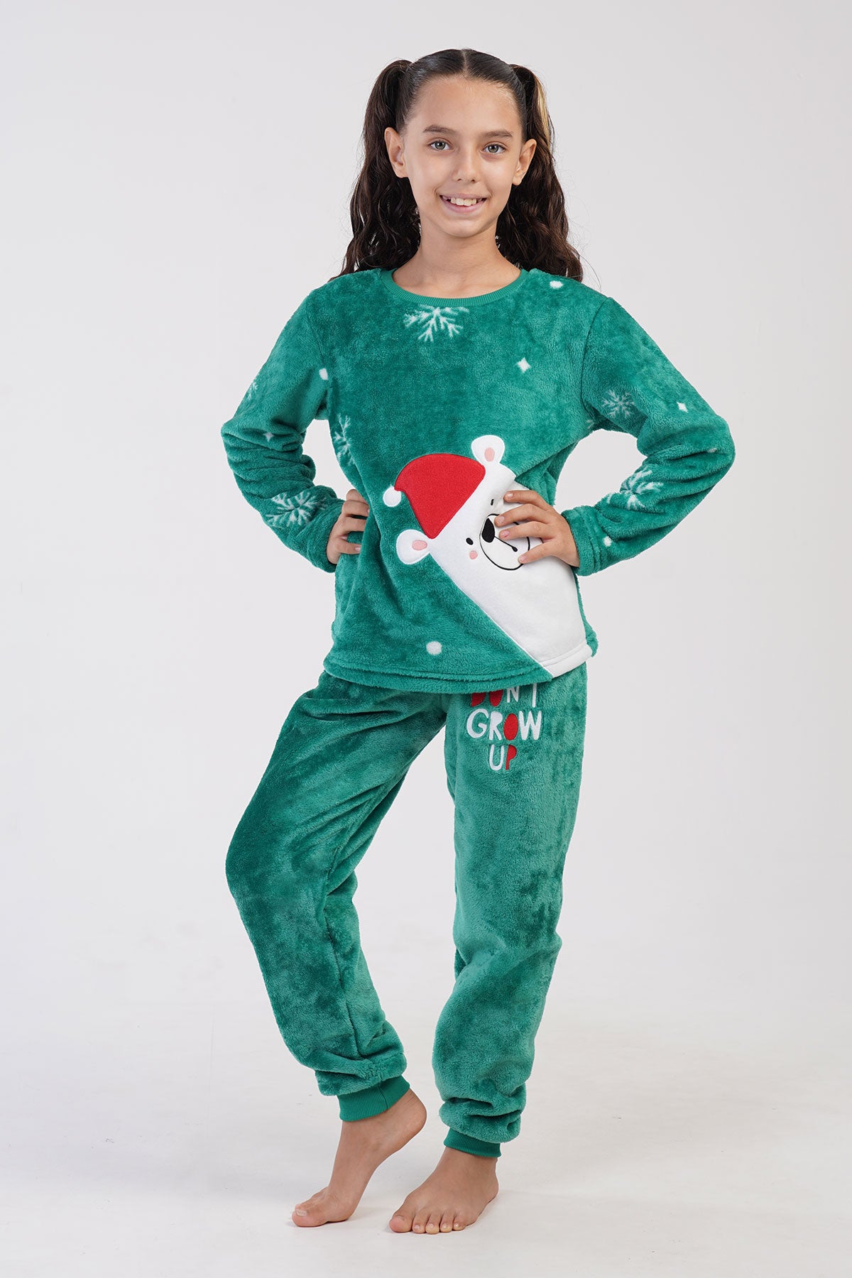 KIZ COCUK SOFT O YAKA UZUN KOL ETEGI OVAL MANSETLI PIJAMA TAKIM(7-8/13-14) - YESIL