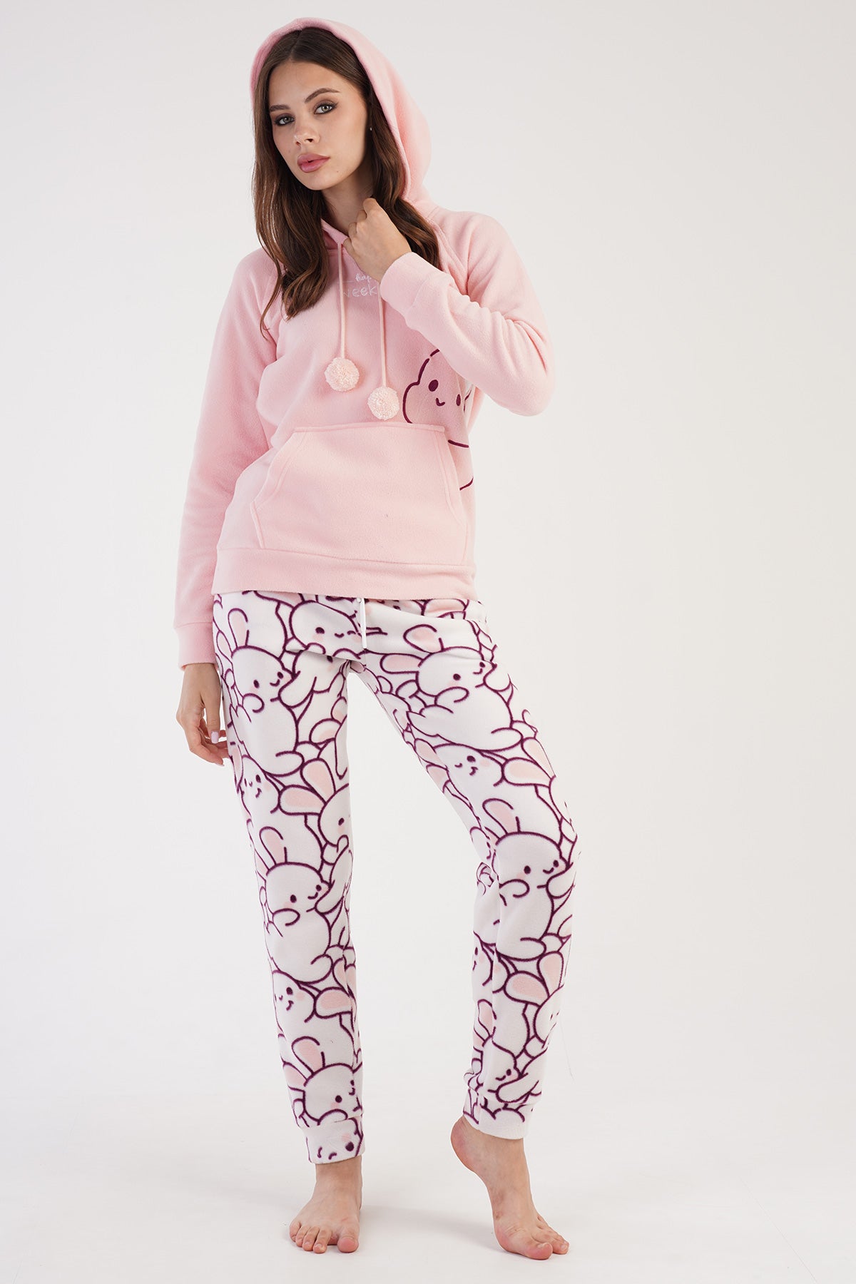 KADIN POLAR KAPSONLU REGLAN UZUN KOL KANGURU CEPLI MANSETLI CEPLI PIJAMA TAKIM - TOZPEMBE001
