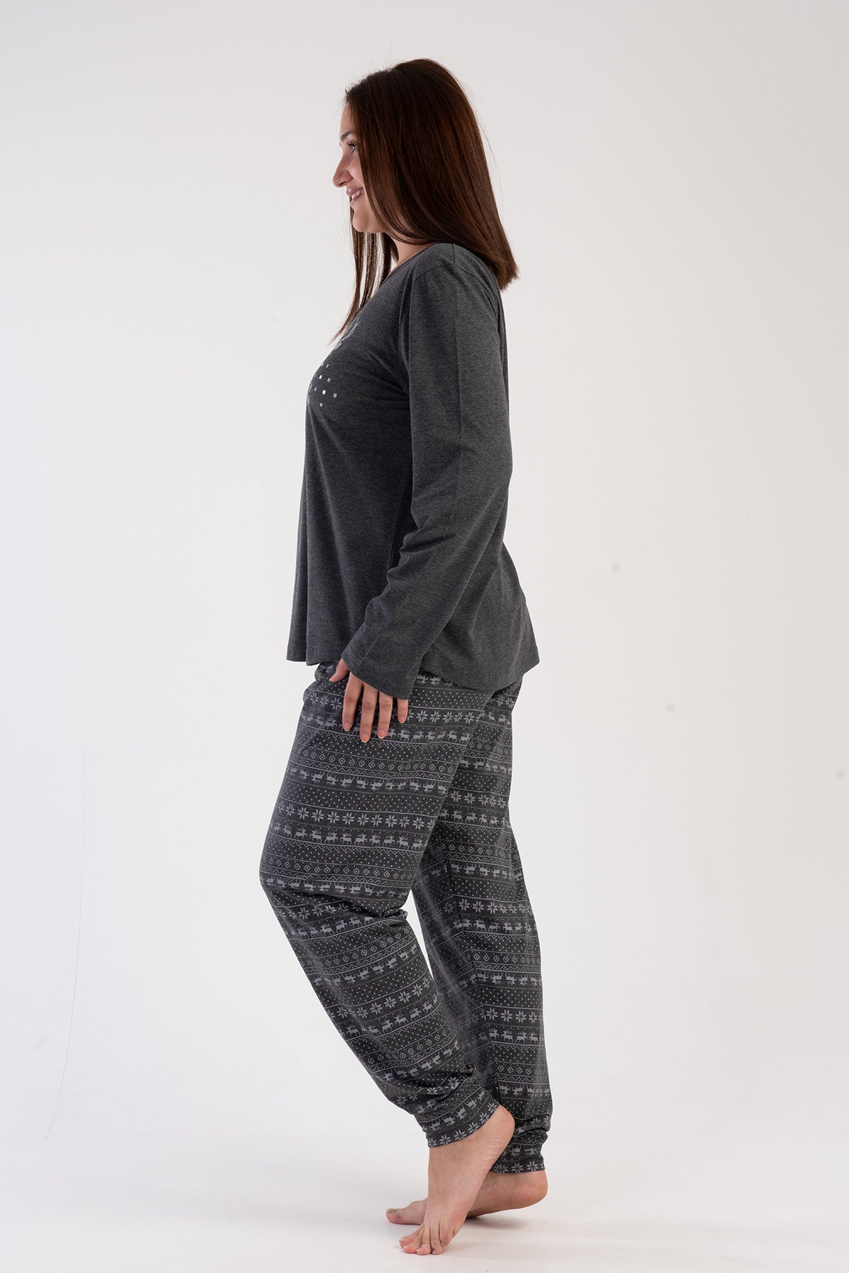 KADIN P.SUPREM XXL O YAKA UZUN KOL ETEGI OVAL MANSTELI PIJAMA TAKIM - ANTHRACİTE