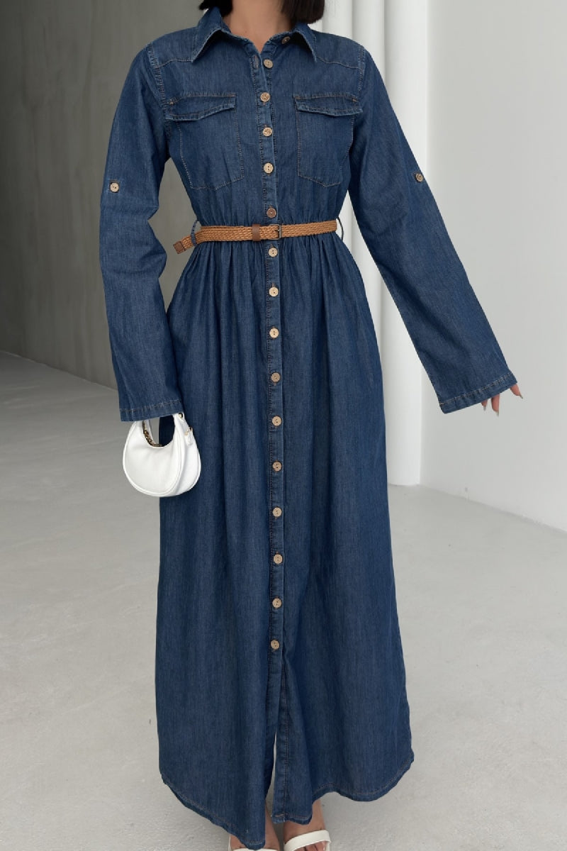 Düğmeli Uzun Kot Elbise - Düz Koyu Rins - (S-XL) - 2