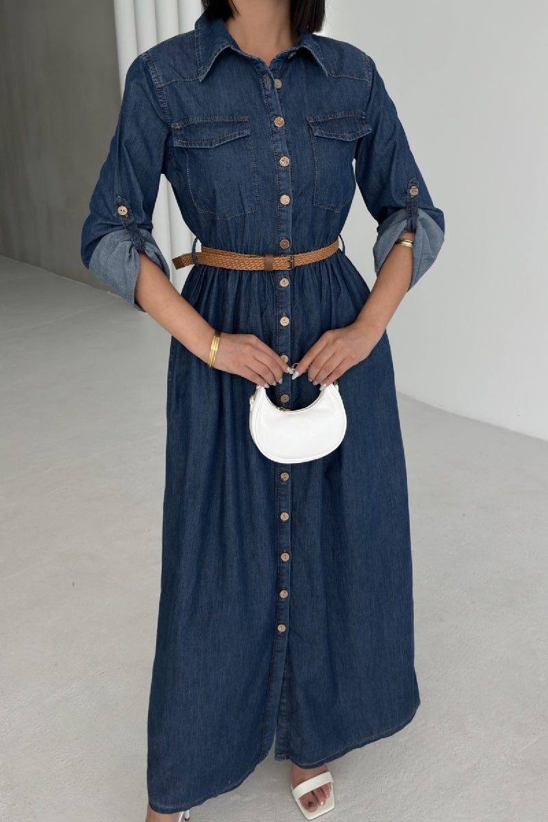 Düğmeli Uzun Kot Elbise - Düz Koyu Rins - (S-XL) - 4