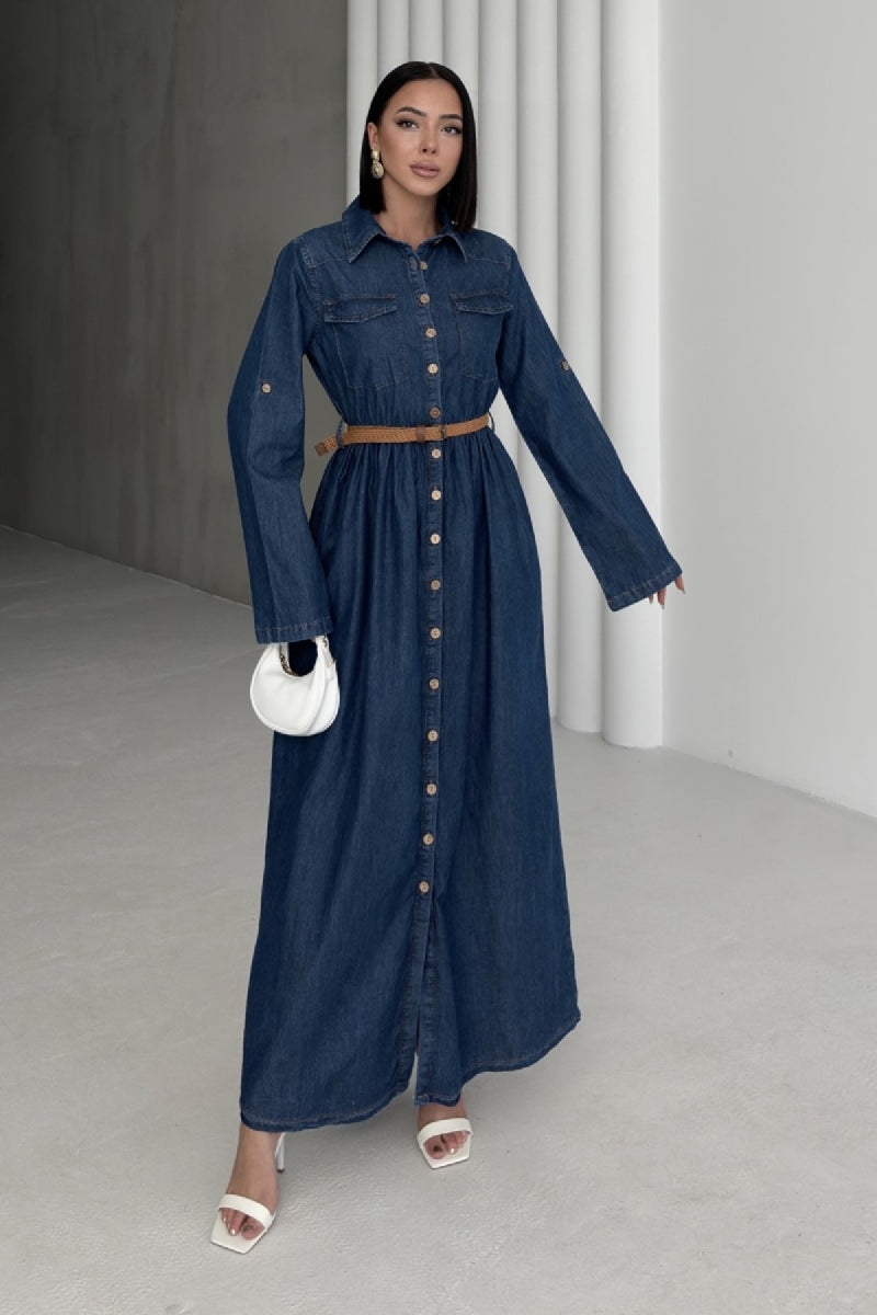 Düğmeli Uzun Kot Elbise - Düz Koyu Rins - (S-XL) - 6