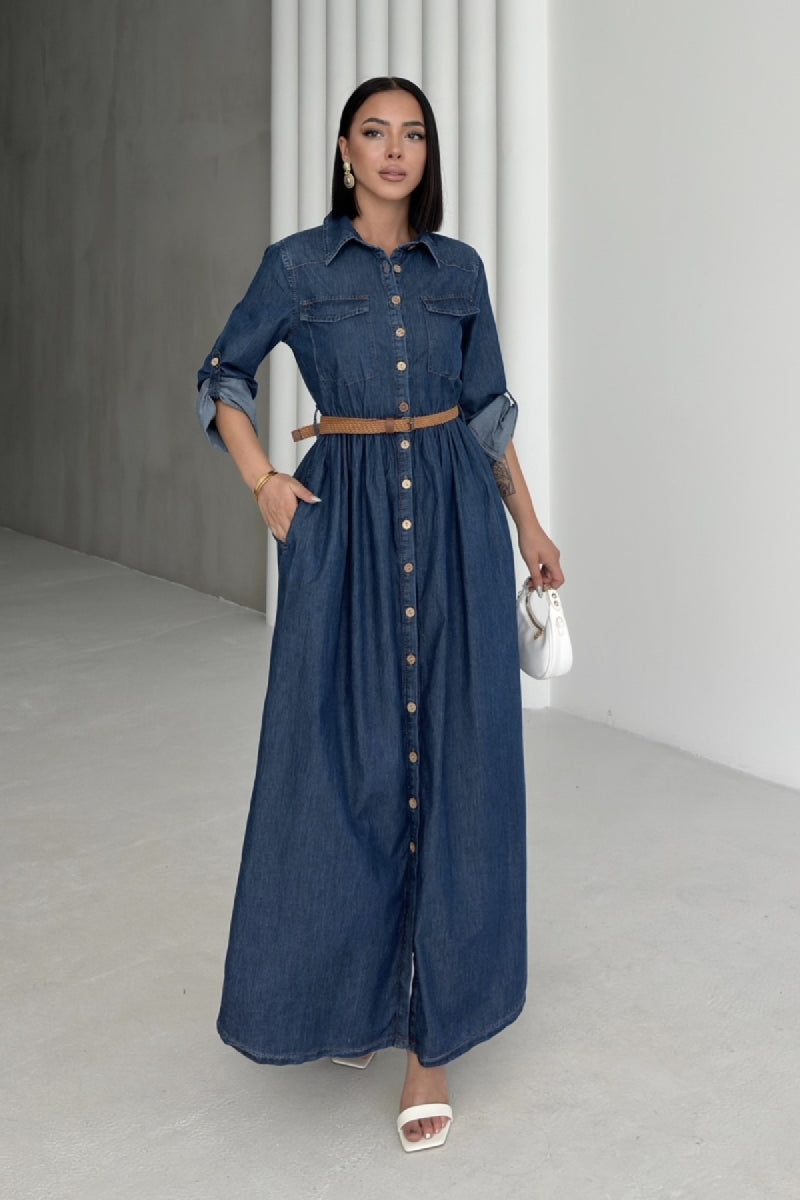 Düğmeli Uzun Kot Elbise Düz Koyu Rins