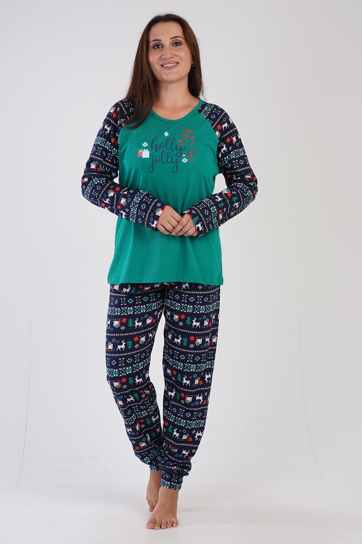 KADIN P.SUPREM XXL O YAKA REGLAN UZUN KOL ETEGI OVAL MANSETLI PIJAMA TAKIM - YESIL