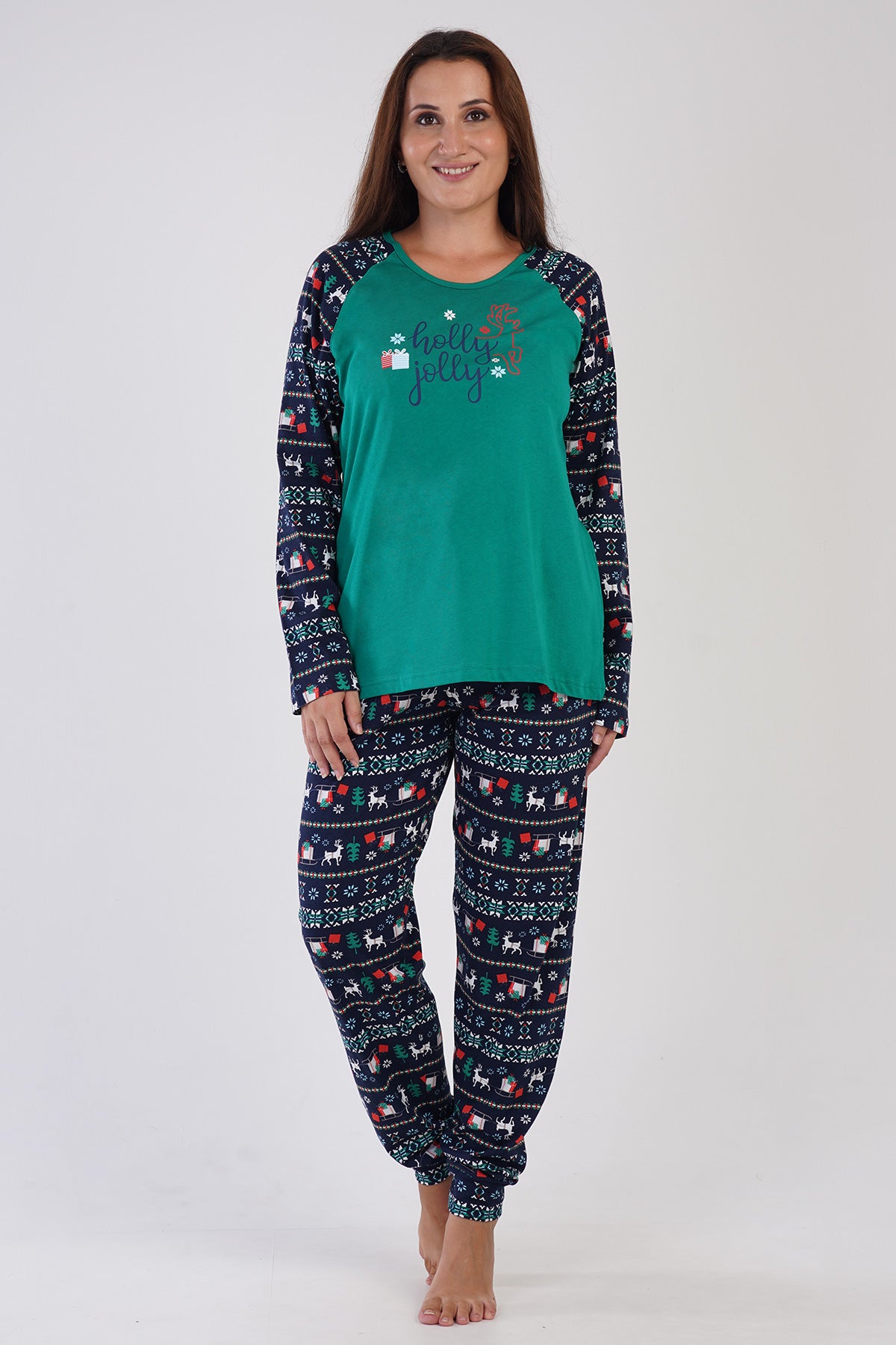 KADIN P.SUPREM XXL O YAKA REGLAN UZUN KOL ETEGI OVAL MANSETLI PIJAMA TAKIM - YESIL