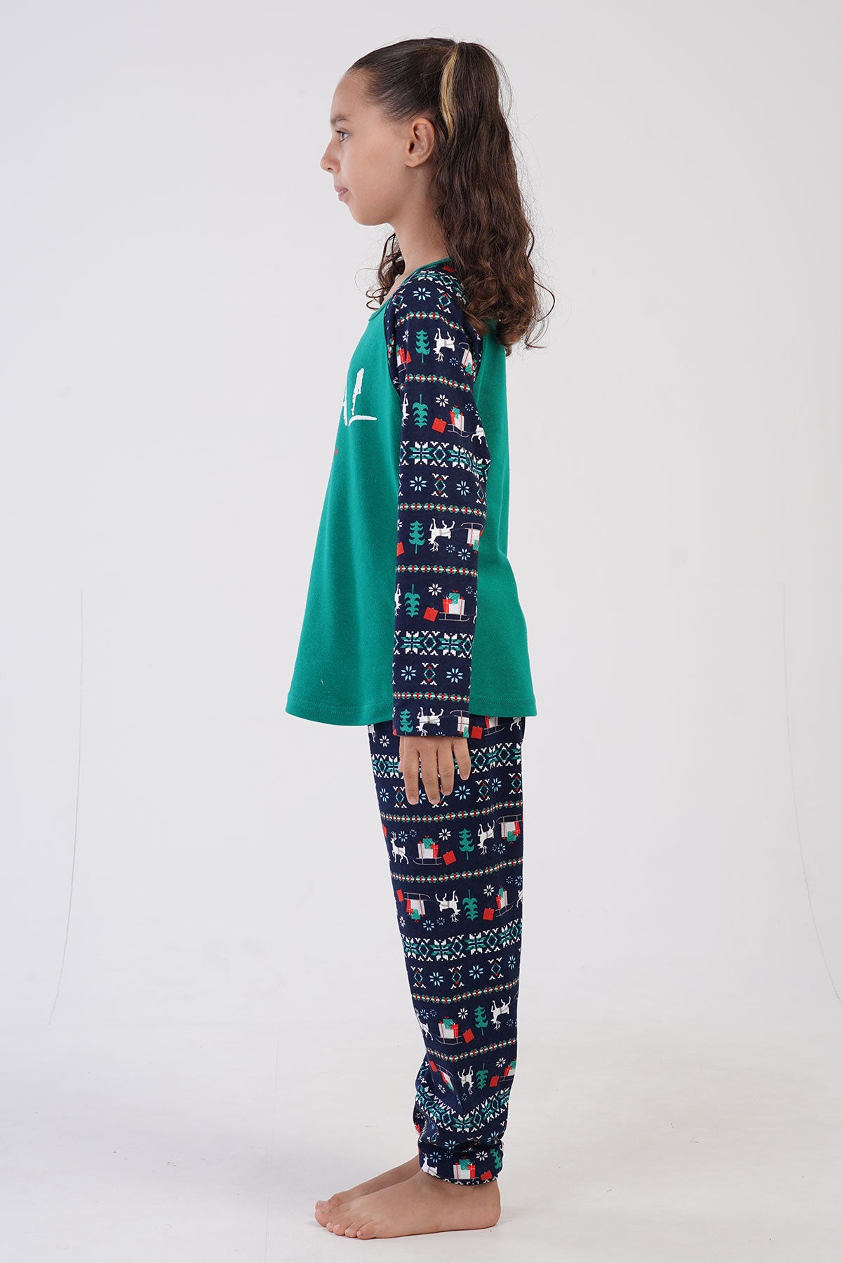 KIZ COCUK O.INTERLOK O YAKA REGLAN UZUN KOL ETEGI OVAL MANSETLI PIJAMA TAKIM(9-10/15-16) - YESIL