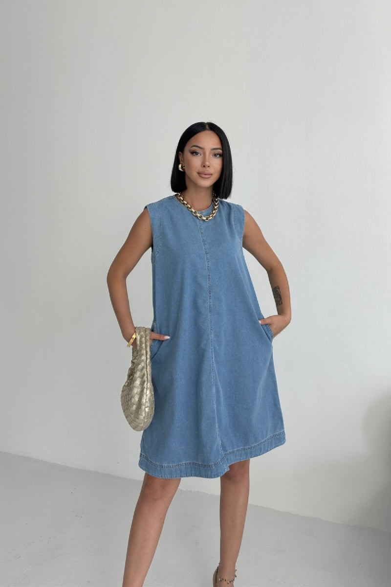 Kolsuz Cepli Oversize Elbise - Orta Mavi - (S-XL-6) - 2