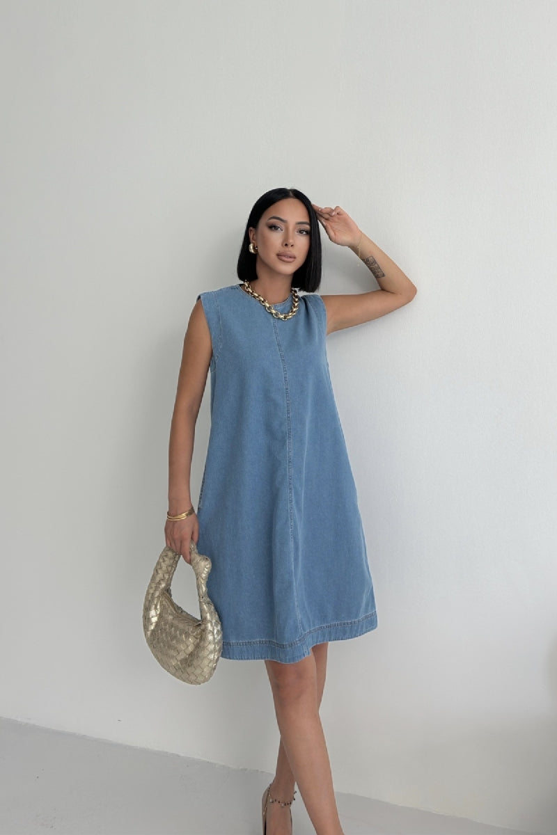 Kolsuz Cepli Oversize Elbise - Orta Mavi - (S-XL-6) - 3
