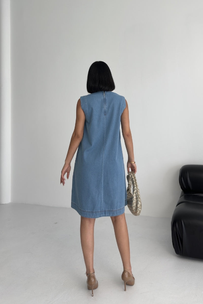 Kolsuz Cepli Oversize Elbise - Orta Mavi - (S-XL-6) - 4