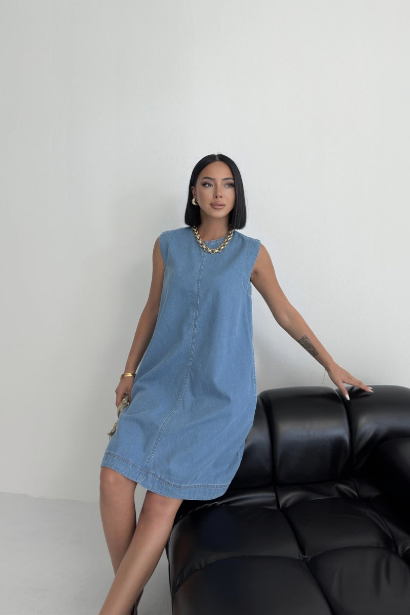 Kolsuz Cepli Oversize Elbise - Orta Mavi - (S-XL-6) - 5